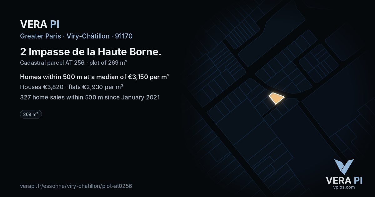 2 Impasse de la Haute Borne, Viry-Châtillon at night – the plot lit, the parcels around coloured by the prices near them