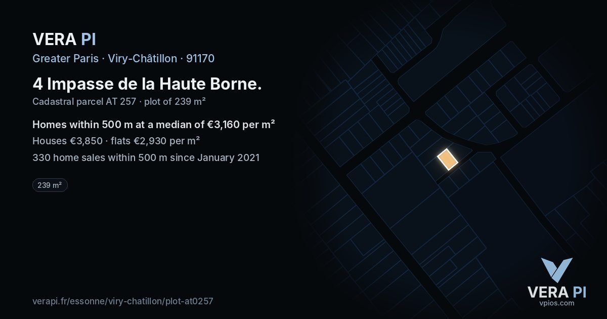 4 Impasse de la Haute Borne, Viry-Châtillon at night – the plot lit, the parcels around coloured by the prices near them