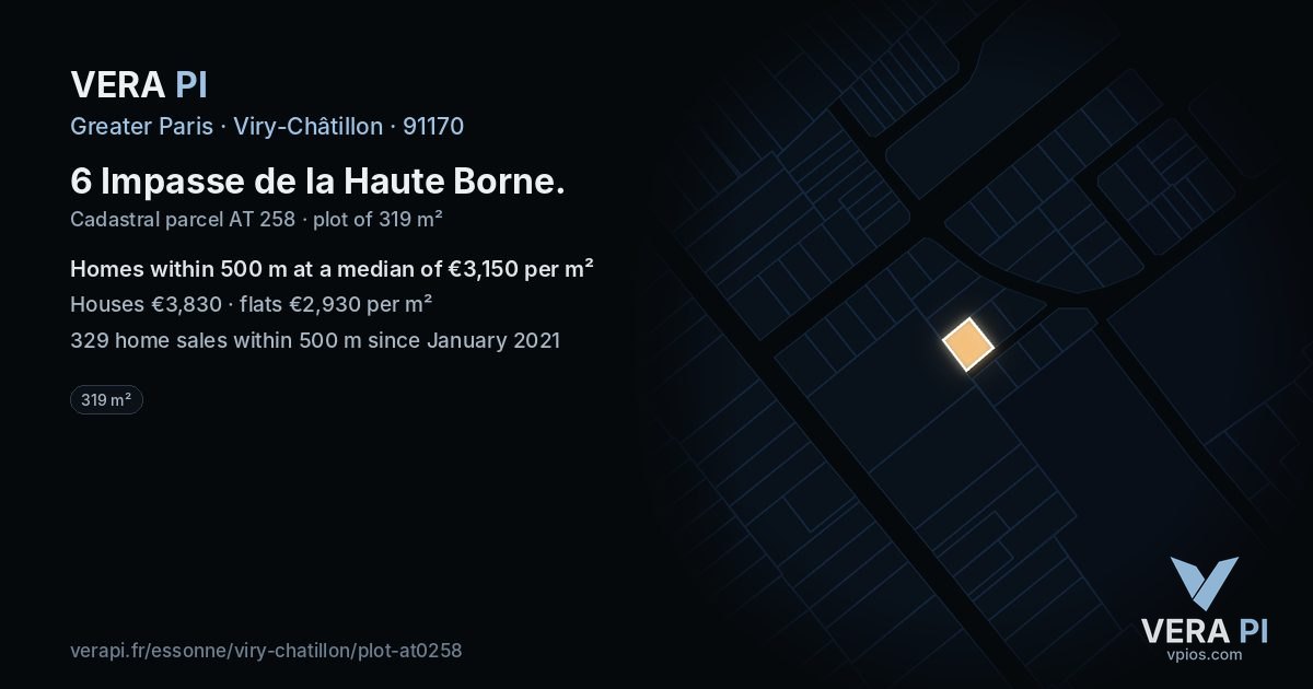 6 Impasse de la Haute Borne, Viry-Châtillon at night – the plot lit, the parcels around coloured by the prices near them