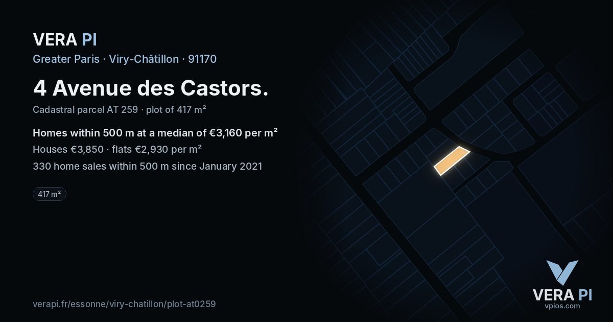 4 Avenue des Castors, Viry-Châtillon at night – the plot lit, the parcels around coloured by the prices near them