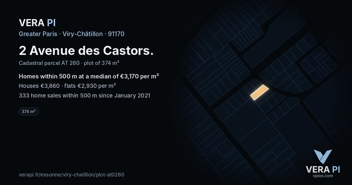 2 Avenue des Castors, Viry-Châtillon at night – the plot lit, the parcels around coloured by the prices near them