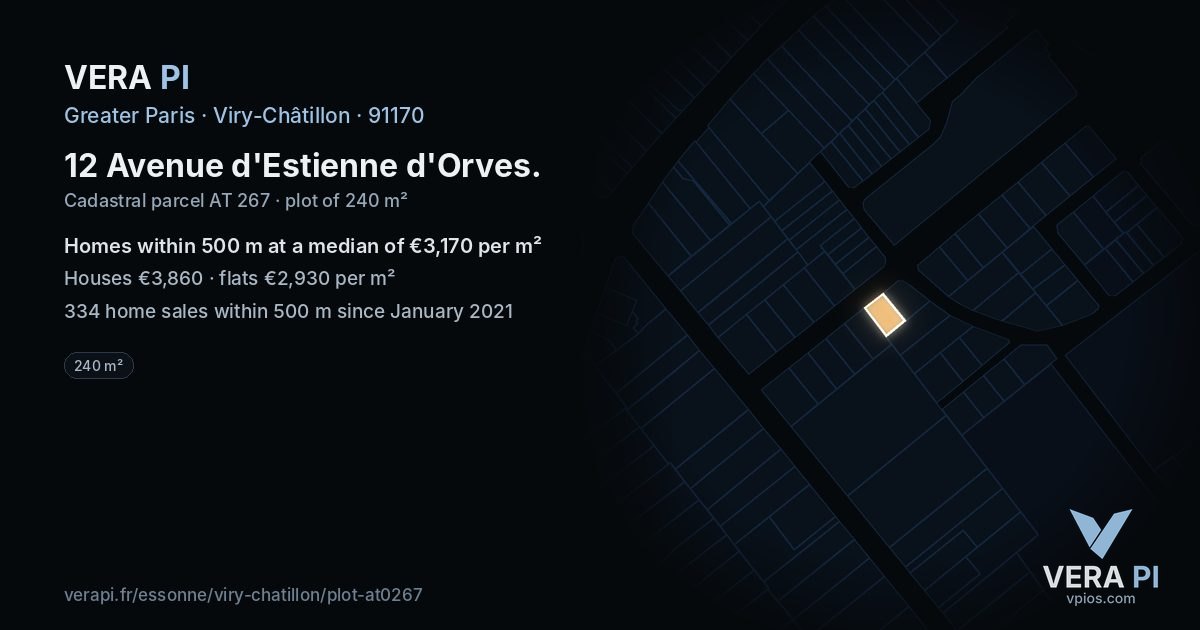 12 Avenue d'Estienne d'Orves, Viry-Châtillon at night – the plot lit, the parcels around coloured by the prices near them