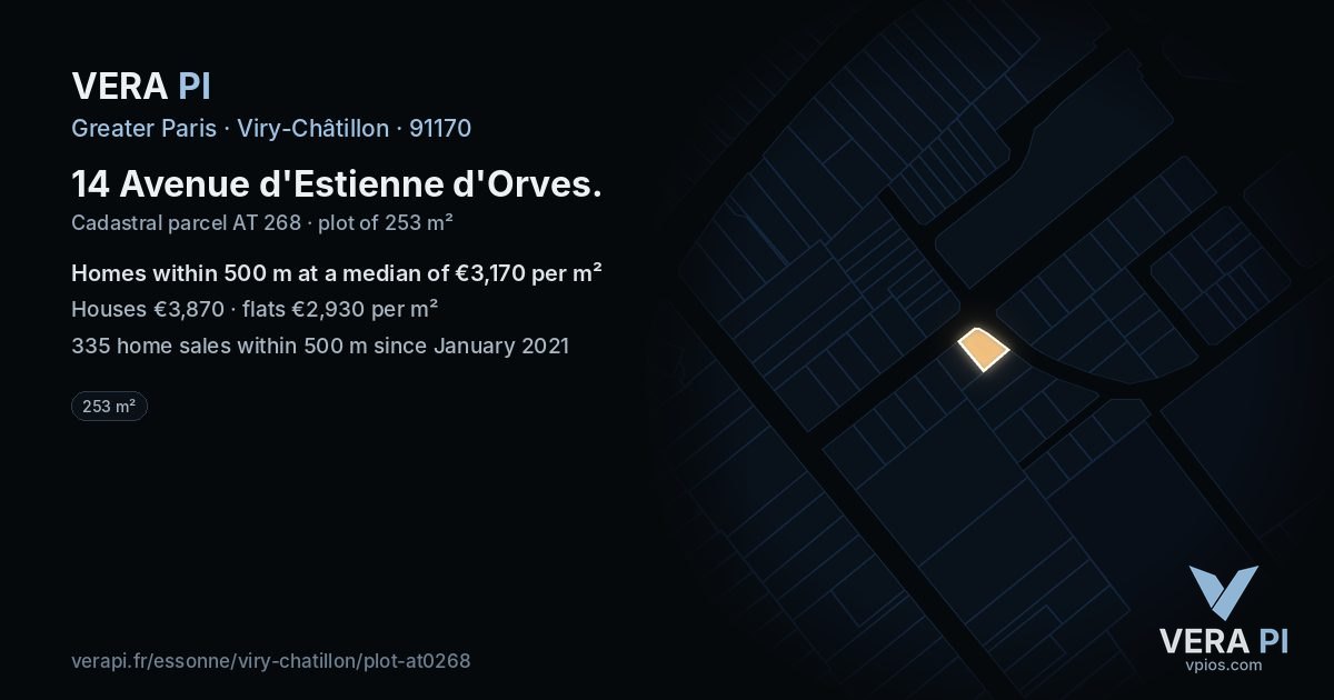 14 Avenue d'Estienne d'Orves, Viry-Châtillon at night – the plot lit, the parcels around coloured by the prices near them