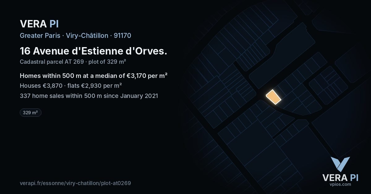 16 Avenue d'Estienne d'Orves, Viry-Châtillon at night – the plot lit, the parcels around coloured by the prices near them