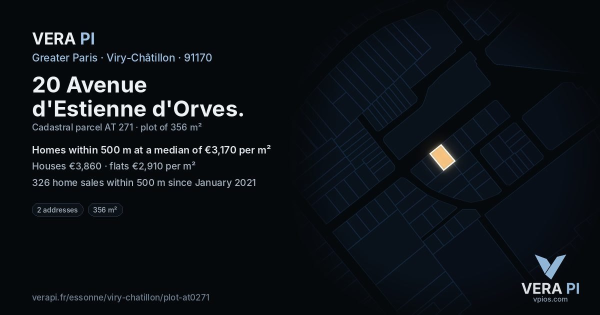 20 Avenue d'Estienne d'Orves, Viry-Châtillon at night – the plot lit, the parcels around coloured by the prices near them