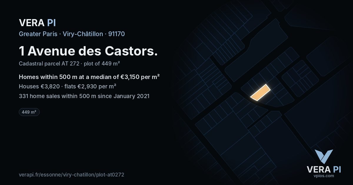 1 Avenue des Castors, Viry-Châtillon at night – the plot lit, the parcels around coloured by the prices near them