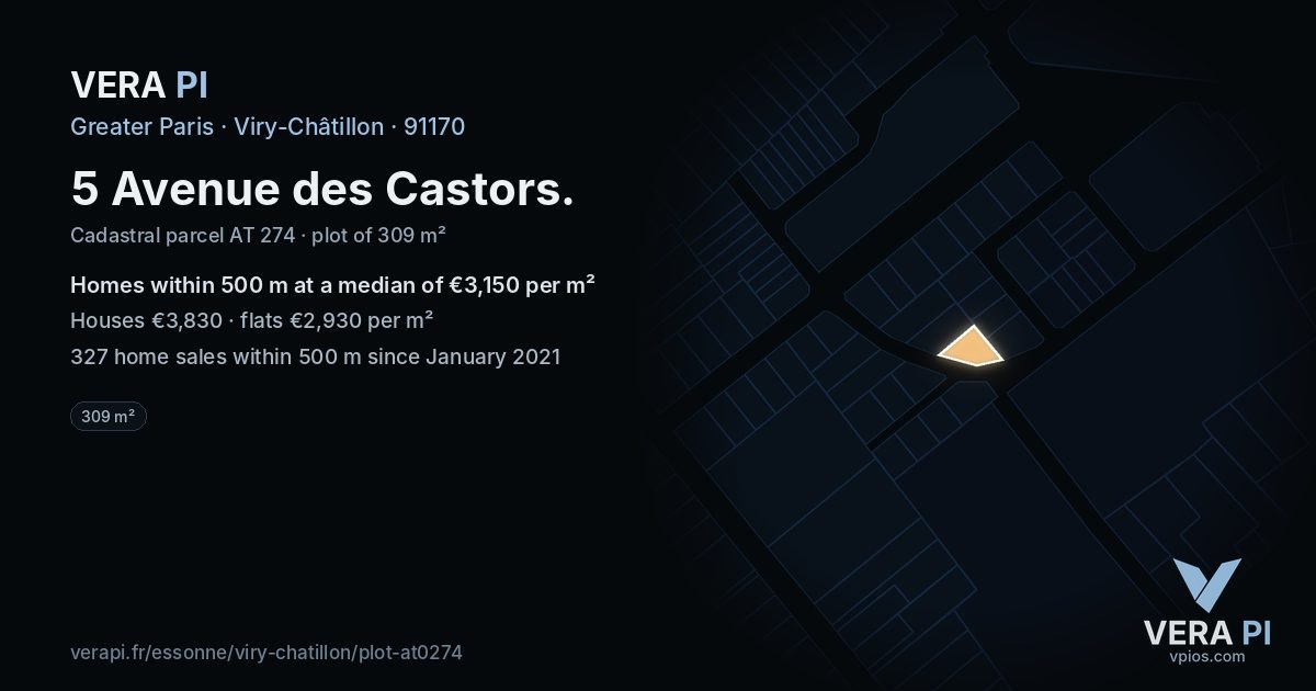 5 Avenue des Castors, Viry-Châtillon at night – the plot lit, the parcels around coloured by the prices near them