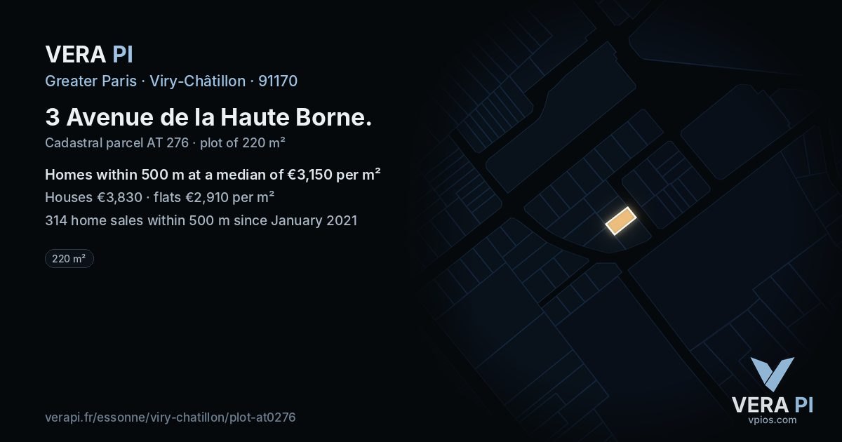 3 Avenue de la Haute Borne, Viry-Châtillon at night – the plot lit, the parcels around coloured by the prices near them
