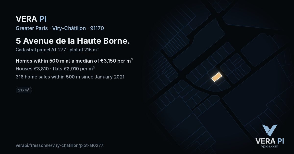 5 Avenue de la Haute Borne, Viry-Châtillon at night – the plot lit, the parcels around coloured by the prices near them