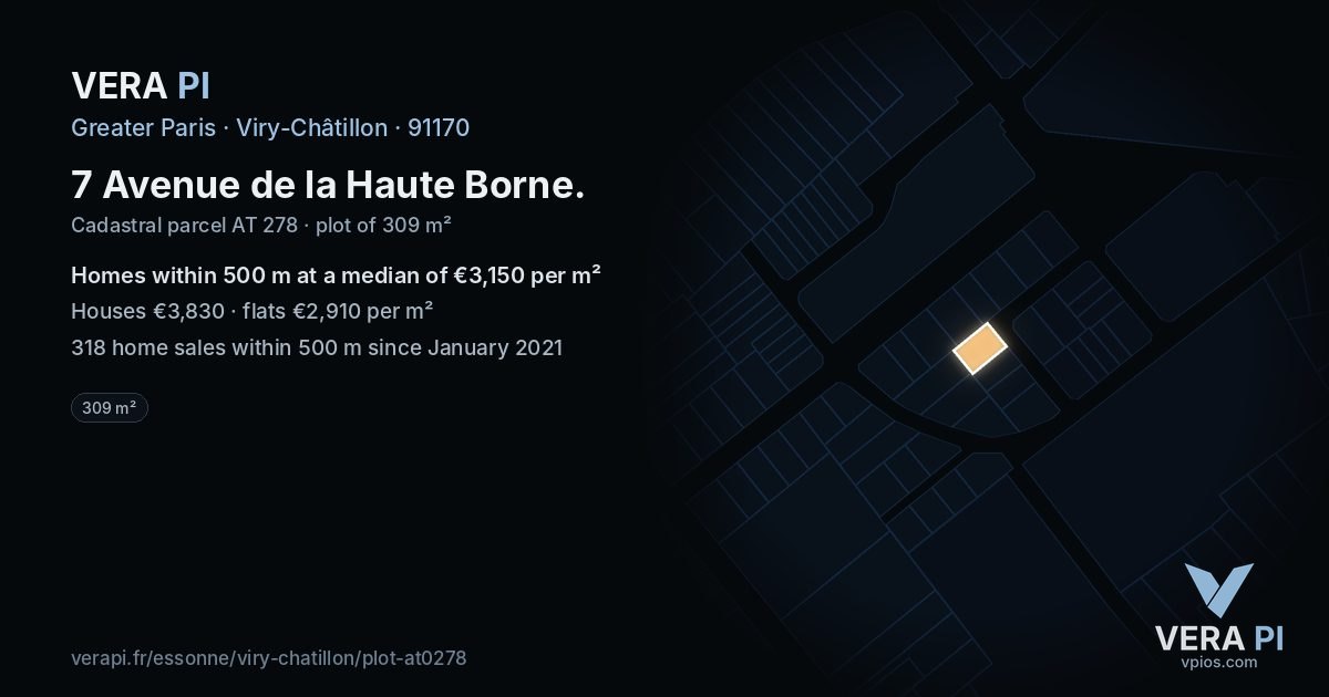 7 Avenue de la Haute Borne, Viry-Châtillon at night – the plot lit, the parcels around coloured by the prices near them