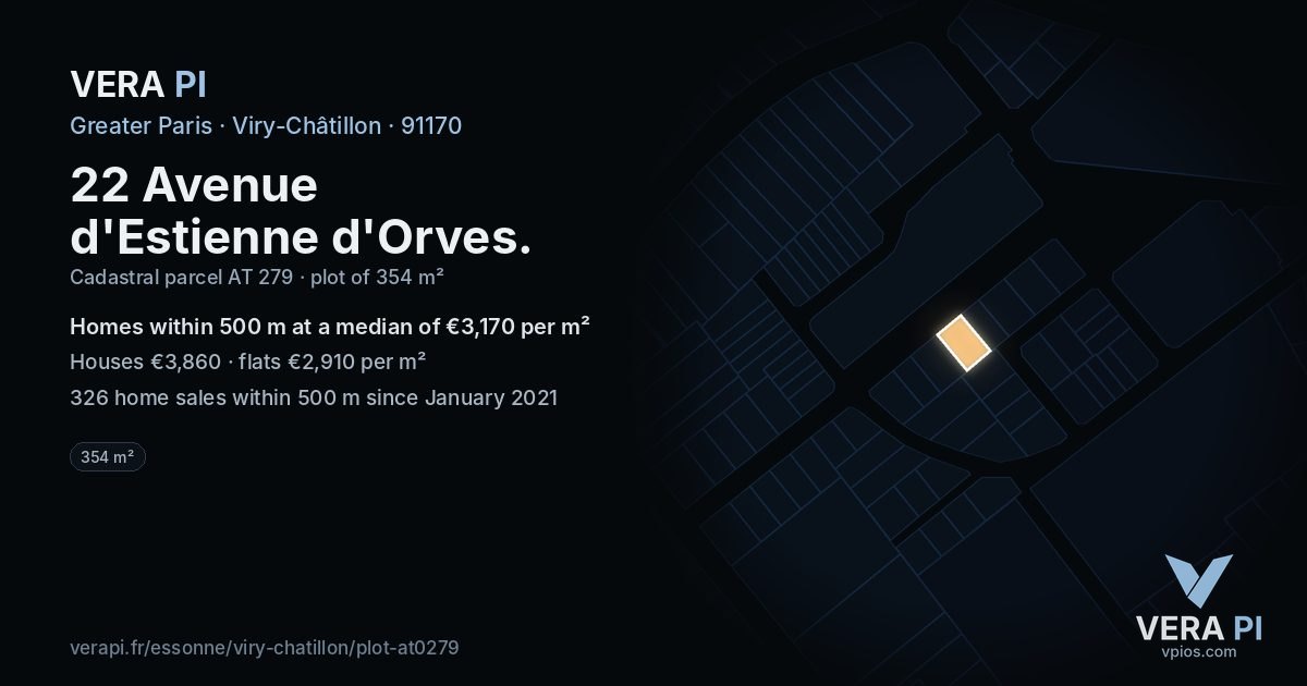 22 Avenue d'Estienne d'Orves, Viry-Châtillon at night – the plot lit, the parcels around coloured by the prices near them