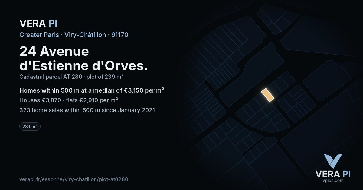 24 Avenue d'Estienne d'Orves, Viry-Châtillon at night – the plot lit, the parcels around coloured by the prices near them
