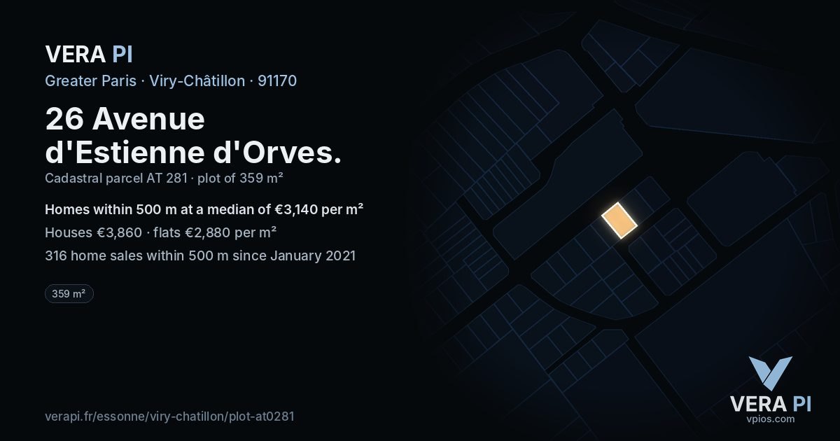 26 Avenue d'Estienne d'Orves, Viry-Châtillon at night – the plot lit, the parcels around coloured by the prices near them