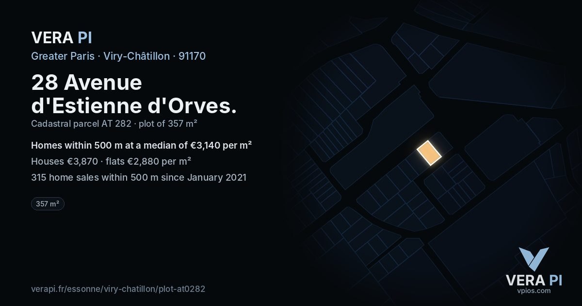 28 Avenue d'Estienne d'Orves, Viry-Châtillon at night – the plot lit, the parcels around coloured by the prices near them