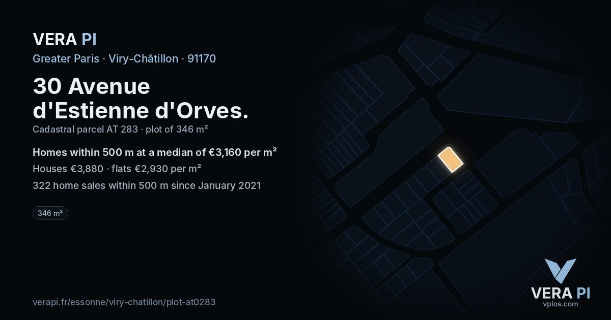 30 Avenue d'Estienne d'Orves, Viry-Châtillon at night – the plot lit, the parcels around coloured by the prices near them
