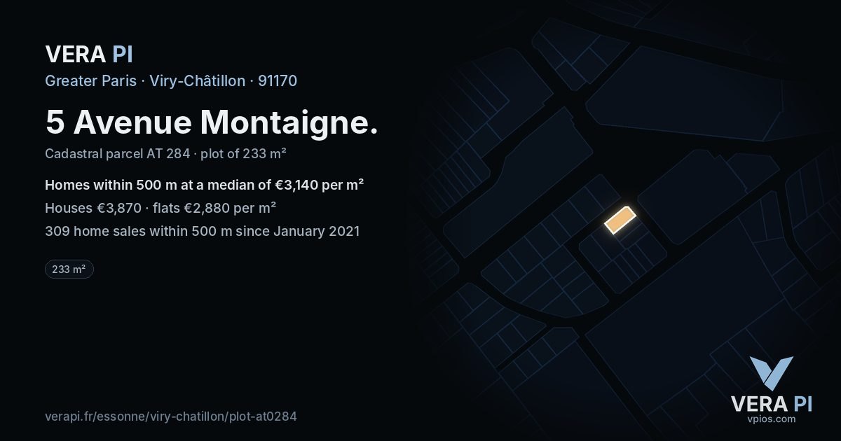 5 Avenue Montaigne, Viry-Châtillon at night – the plot lit, the parcels around coloured by the prices near them