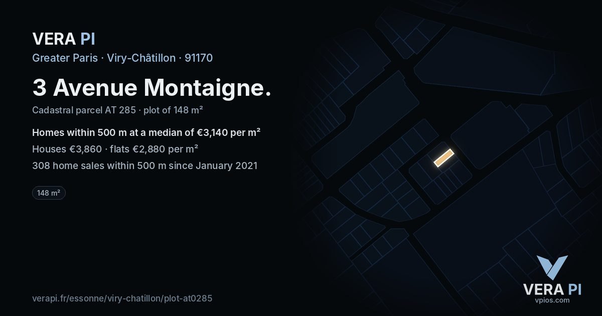 3 Avenue Montaigne, Viry-Châtillon at night – the plot lit, the parcels around coloured by the prices near them
