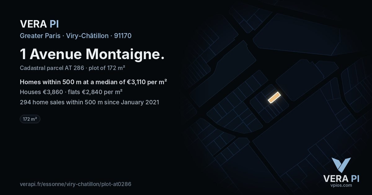 1 Avenue Montaigne, Viry-Châtillon at night – the plot lit, the parcels around coloured by the prices near them