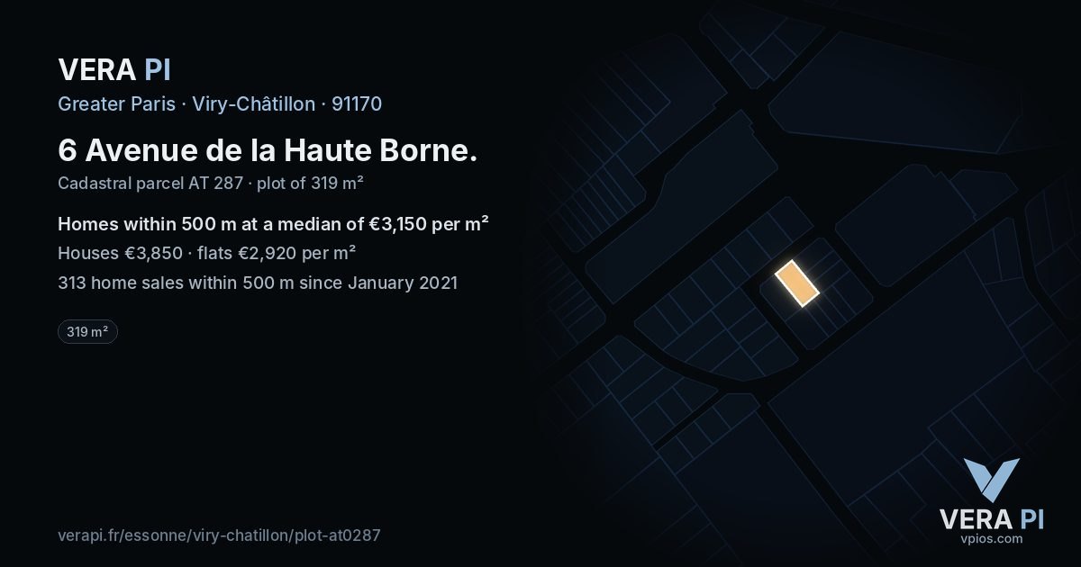 6 Avenue de la Haute Borne, Viry-Châtillon at night – the plot lit, the parcels around coloured by the prices near them