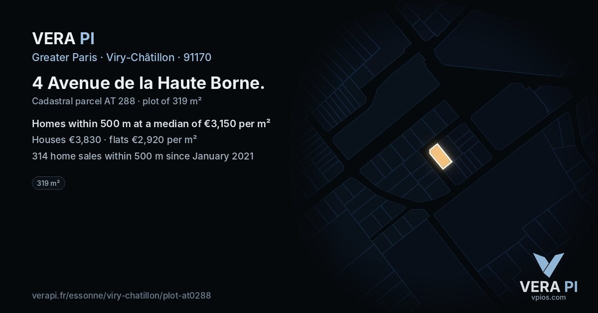 4 Avenue de la Haute Borne, Viry-Châtillon at night – the plot lit, the parcels around coloured by the prices near them
