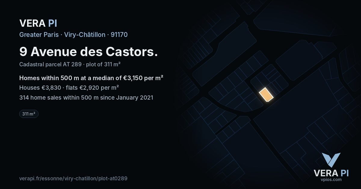 9 Avenue des Castors, Viry-Châtillon at night – the plot lit, the parcels around coloured by the prices near them