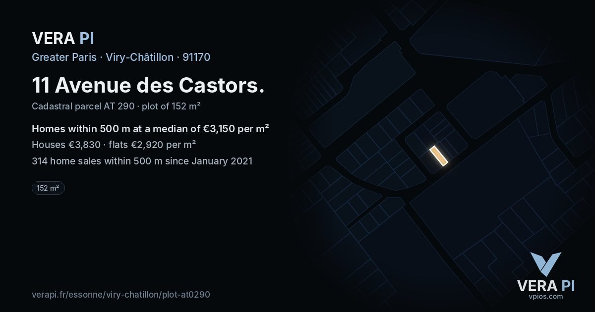 11 Avenue des Castors, Viry-Châtillon at night – the plot lit, the parcels around coloured by the prices near them