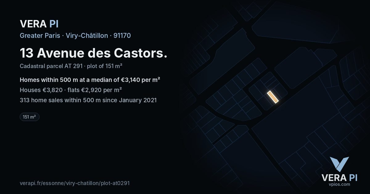 13 Avenue des Castors, Viry-Châtillon at night – the plot lit, the parcels around coloured by the prices near them