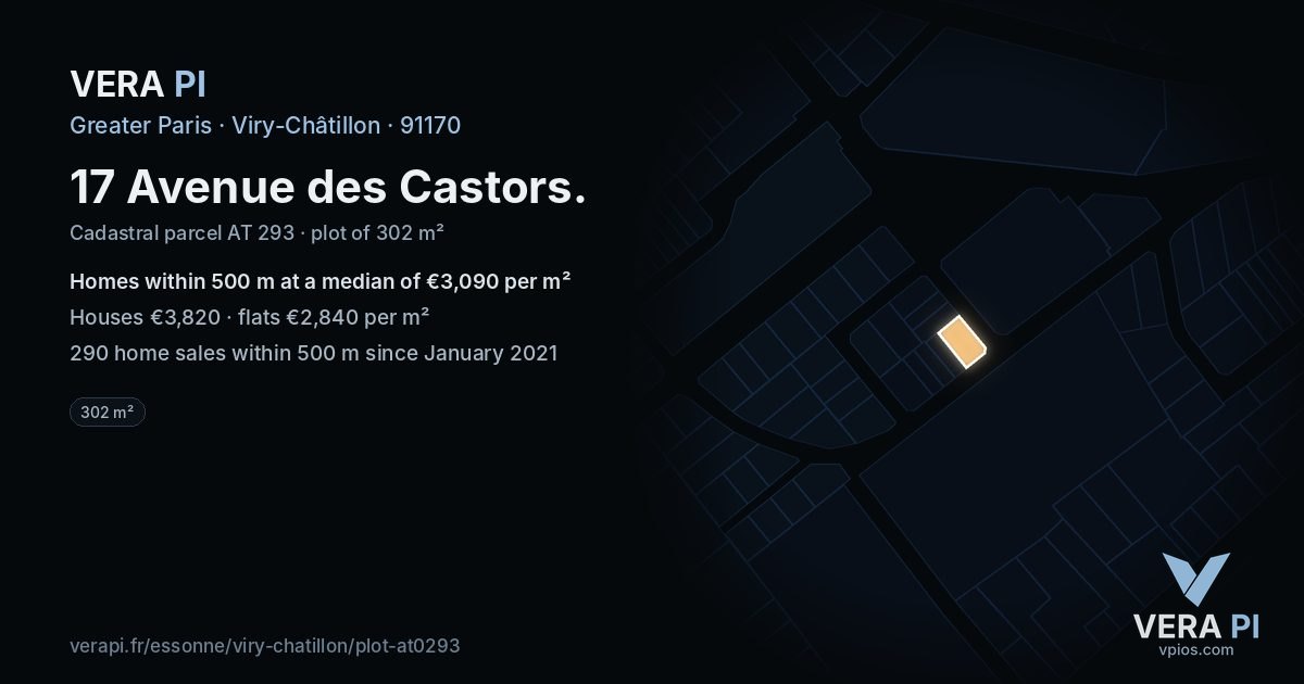 17 Avenue des Castors, Viry-Châtillon at night – the plot lit, the parcels around coloured by the prices near them