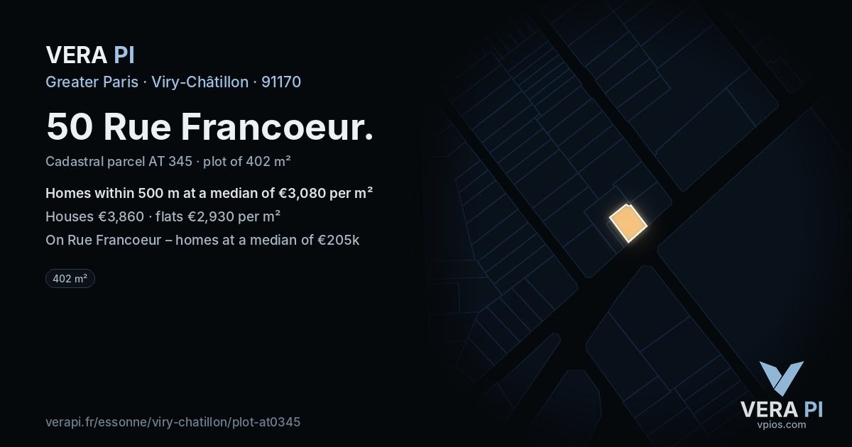 50 Rue Francoeur, Viry-Châtillon at night – the plot lit, the parcels around coloured by the prices near them