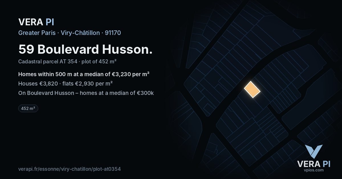 59 Boulevard Husson, Viry-Châtillon at night – the plot lit, the parcels around coloured by the prices near them