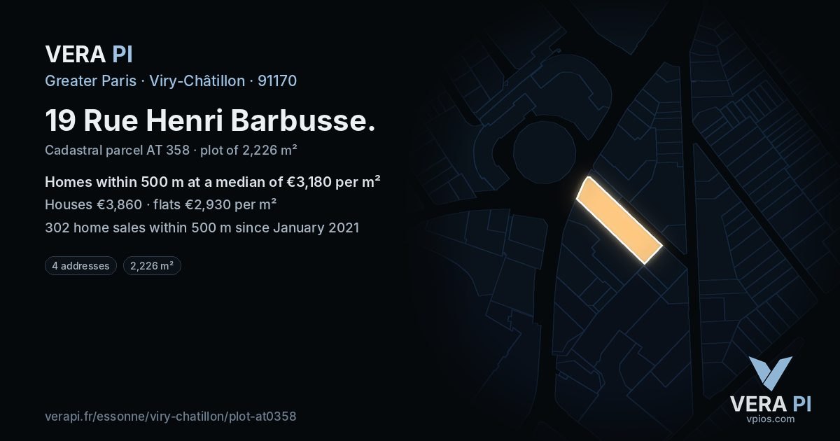 19 Rue Henri Barbusse, Viry-Châtillon at night – the plot lit, the parcels around coloured by the prices near them