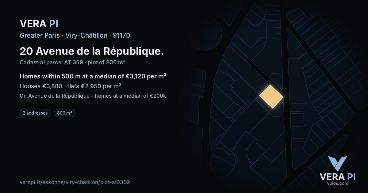 20 Avenue de la République, Viry-Châtillon at night – the plot lit, the parcels around coloured by the prices near them