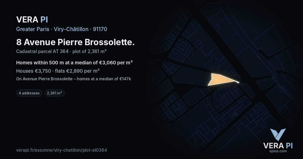 8 Avenue Pierre Brossolette, Viry-Châtillon at night – the plot lit, the parcels around coloured by the prices near them