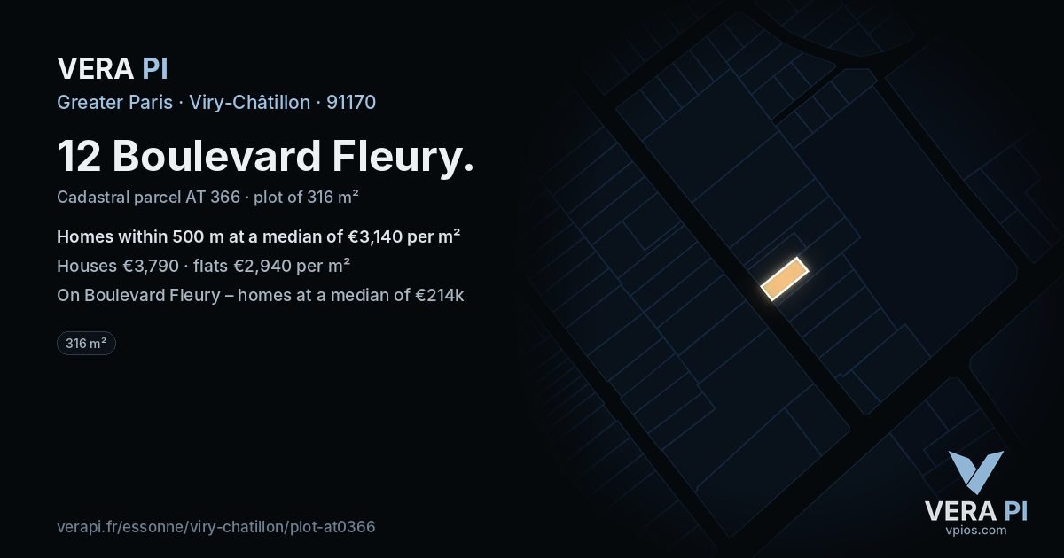 12 Boulevard Fleury, Viry-Châtillon at night – the plot lit, the parcels around coloured by the prices near them
