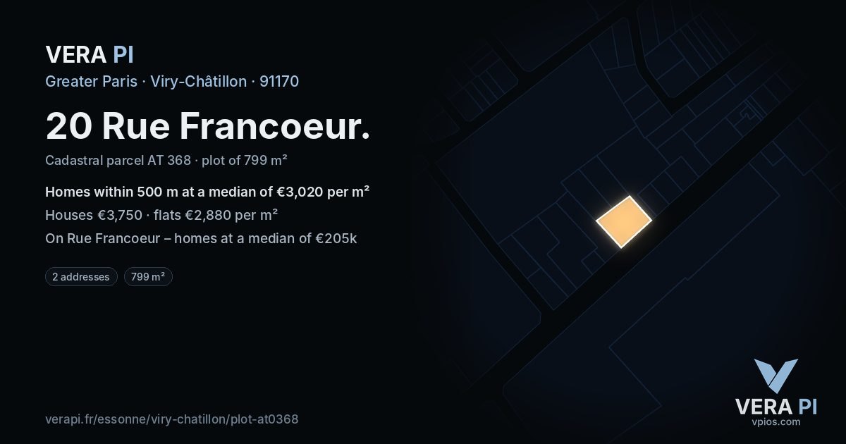 20 Rue Francoeur, Viry-Châtillon at night – the plot lit, the parcels around coloured by the prices near them