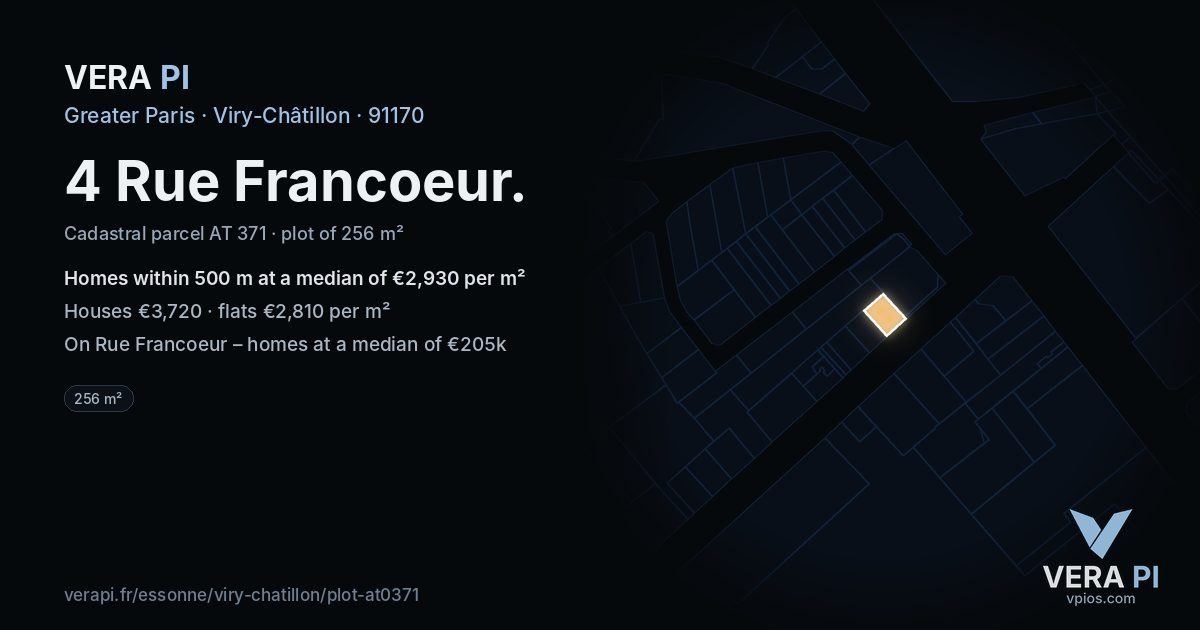 4 Rue Francoeur, Viry-Châtillon at night – the plot lit, the parcels around coloured by the prices near them