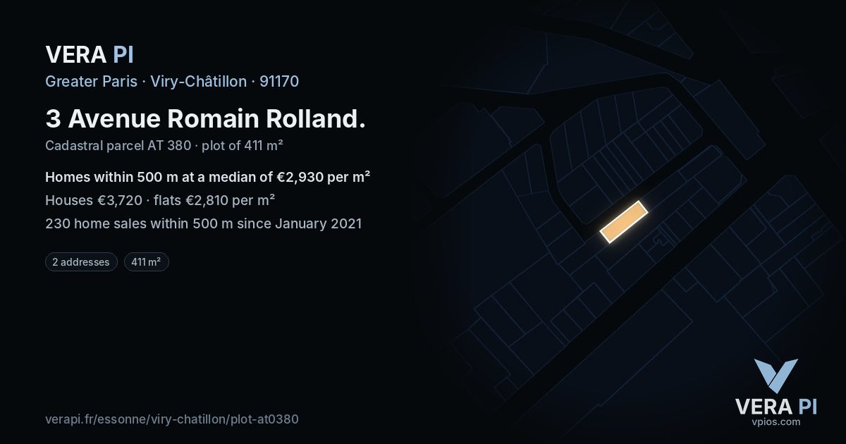 3 Avenue Romain Rolland, Viry-Châtillon at night – the plot lit, the parcels around coloured by the prices near them