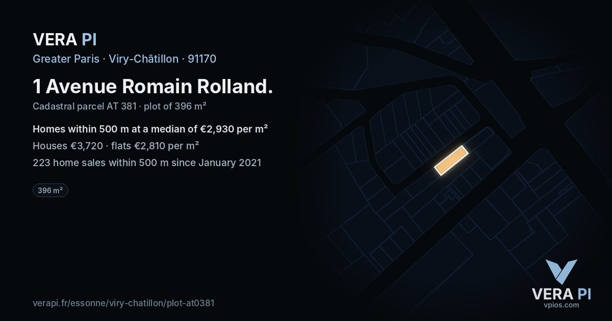 1 Avenue Romain Rolland, Viry-Châtillon at night – the plot lit, the parcels around coloured by the prices near them