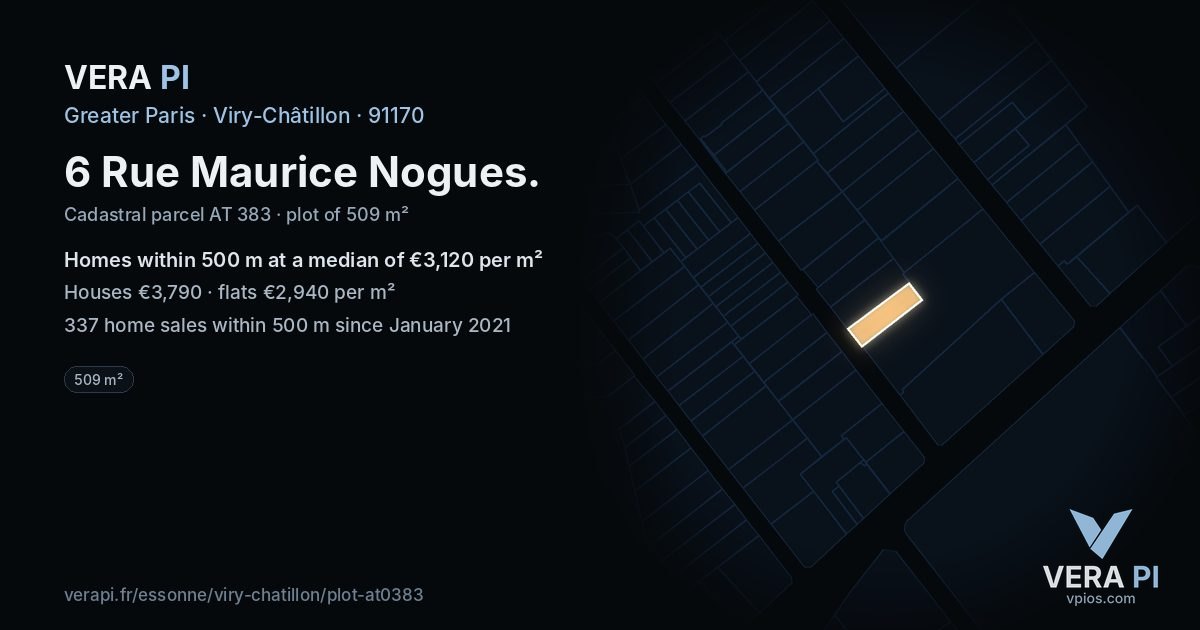 6 Rue Maurice Nogues, Viry-Châtillon at night – the plot lit, the parcels around coloured by the prices near them