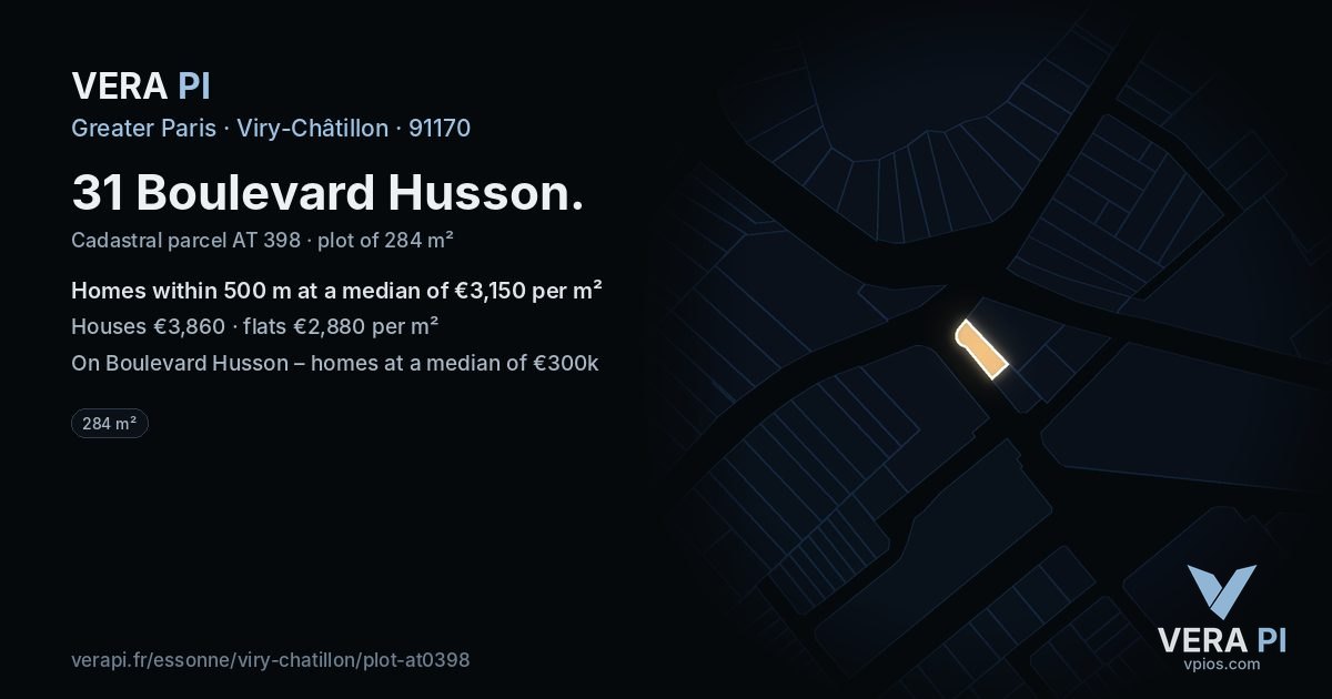 31 Boulevard Husson, Viry-Châtillon at night – the plot lit, the parcels around coloured by the prices near them