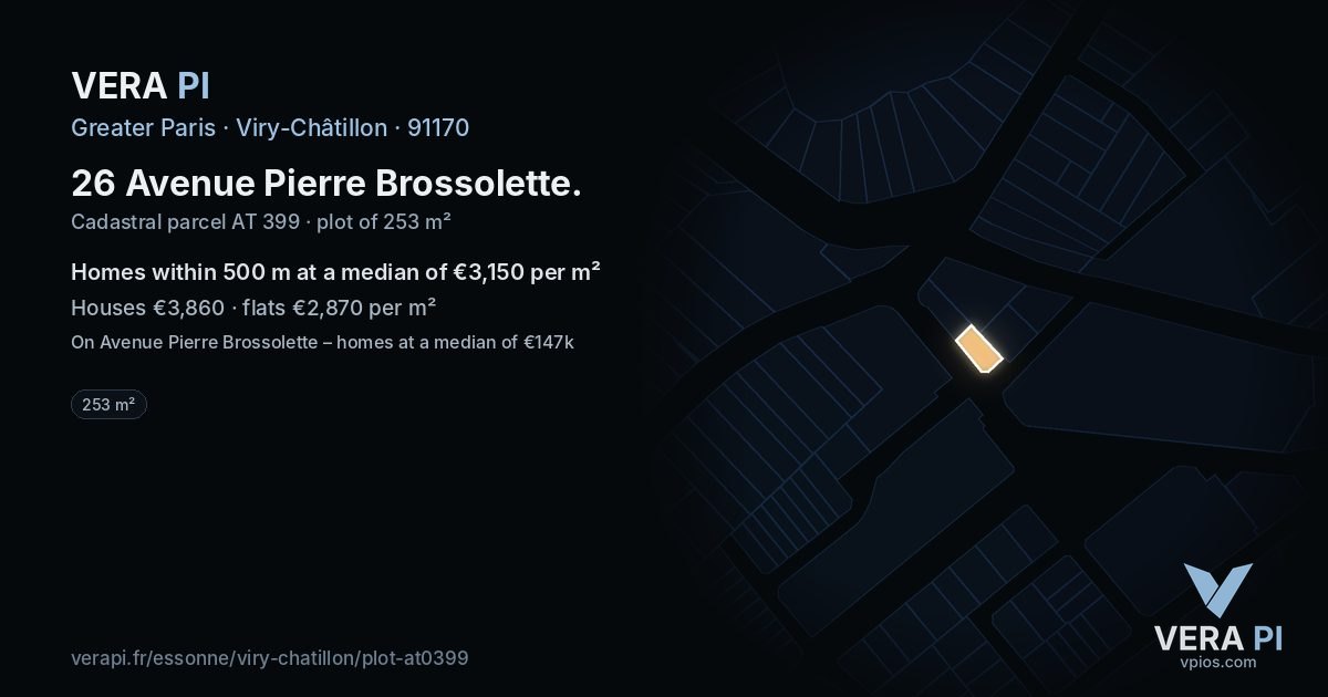 26 Avenue Pierre Brossolette, Viry-Châtillon at night – the plot lit, the parcels around coloured by the prices near them