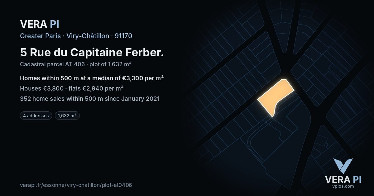 5 Rue du Capitaine Ferber, Viry-Châtillon at night – the plot lit, the parcels around coloured by the prices near them