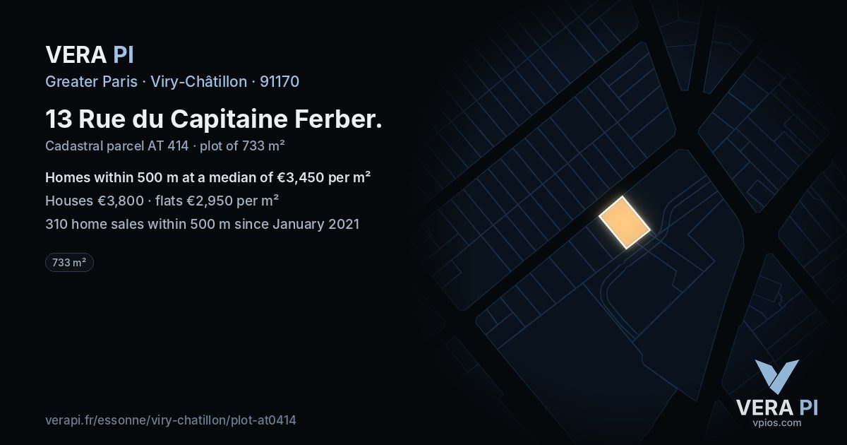 13 Rue du Capitaine Ferber, Viry-Châtillon at night – the plot lit, the parcels around coloured by the prices near them