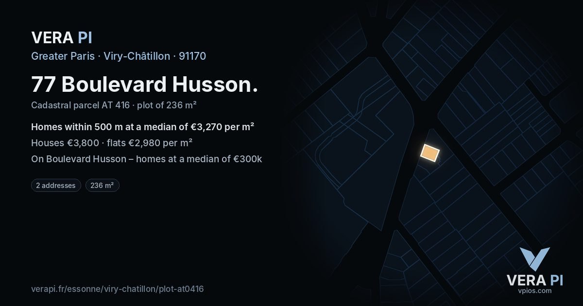 77 Boulevard Husson, Viry-Châtillon at night – the plot lit, the parcels around coloured by the prices near them