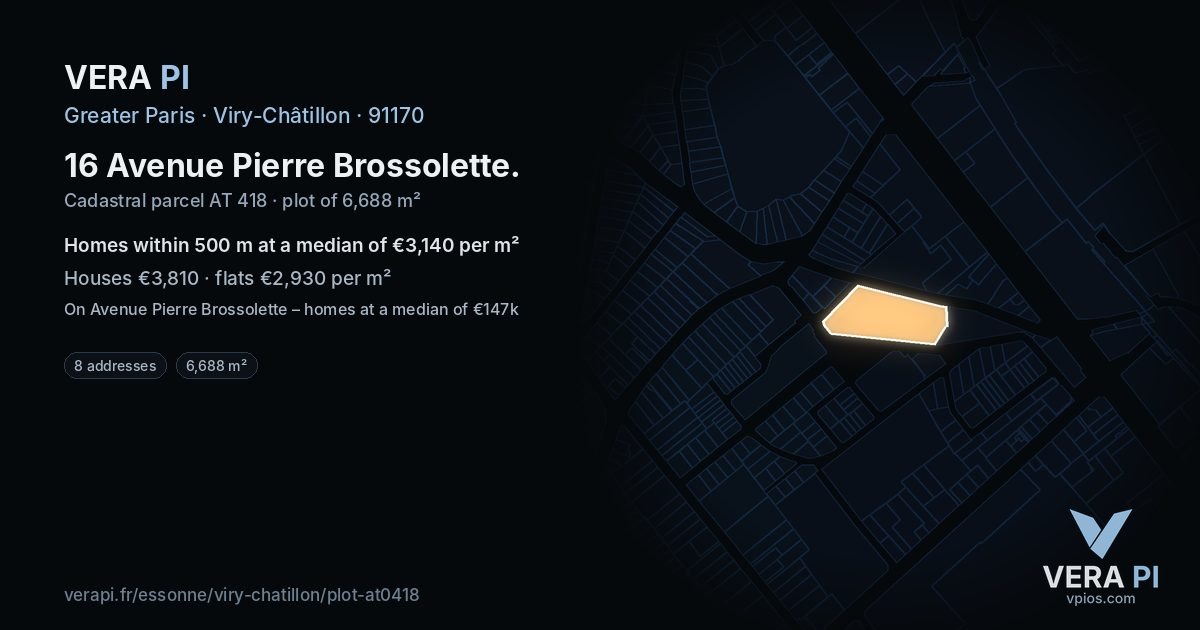 16 Avenue Pierre Brossolette, Viry-Châtillon at night – the plot lit, the parcels around coloured by the prices near them