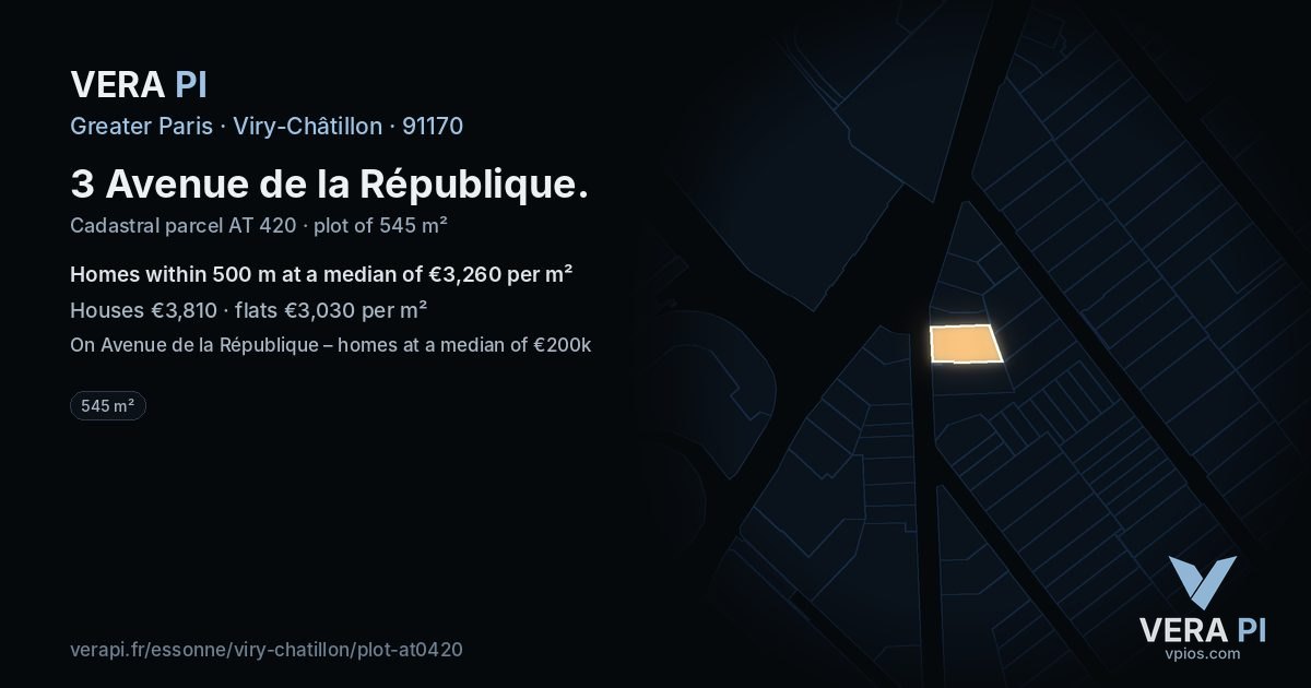 3 Avenue de la République, Viry-Châtillon at night – the plot lit, the parcels around coloured by the prices near them