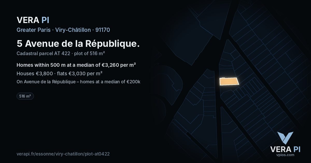 5 Avenue de la République, Viry-Châtillon at night – the plot lit, the parcels around coloured by the prices near them
