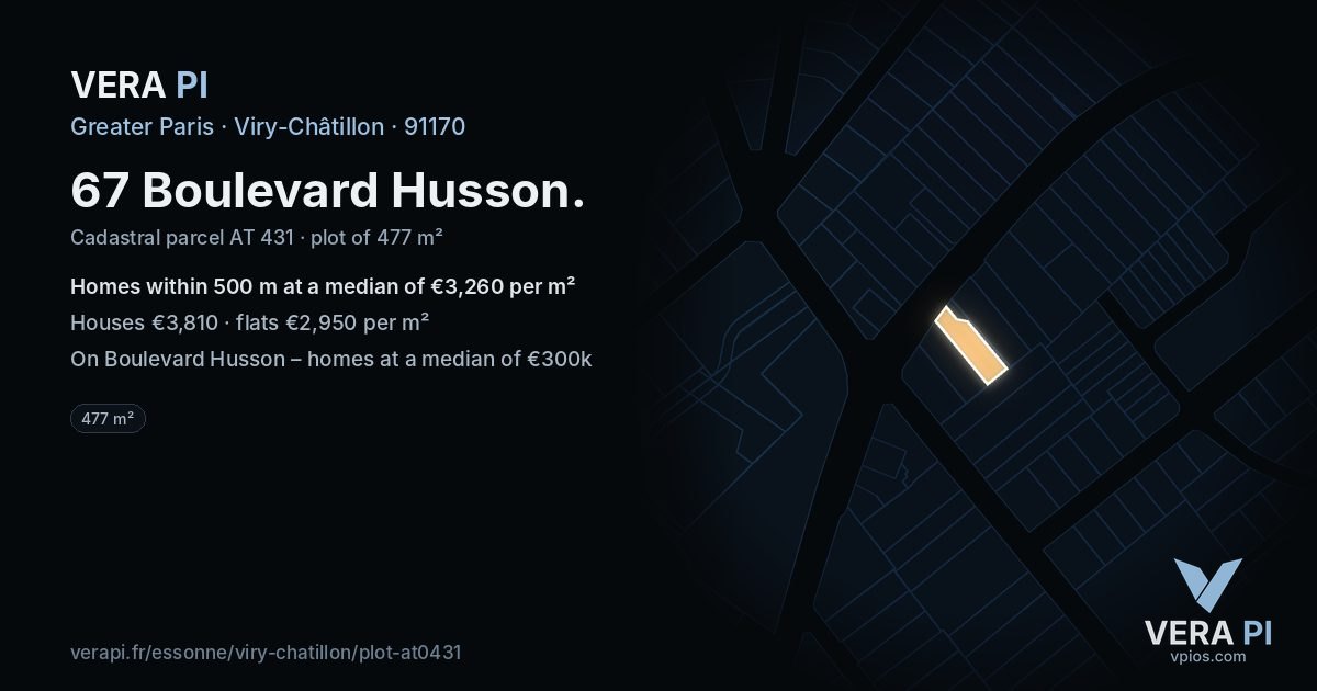 67 Boulevard Husson, Viry-Châtillon at night – the plot lit, the parcels around coloured by the prices near them