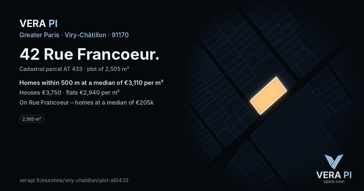 42 Rue Francoeur, Viry-Châtillon at night – the plot lit, the parcels around coloured by the prices near them
