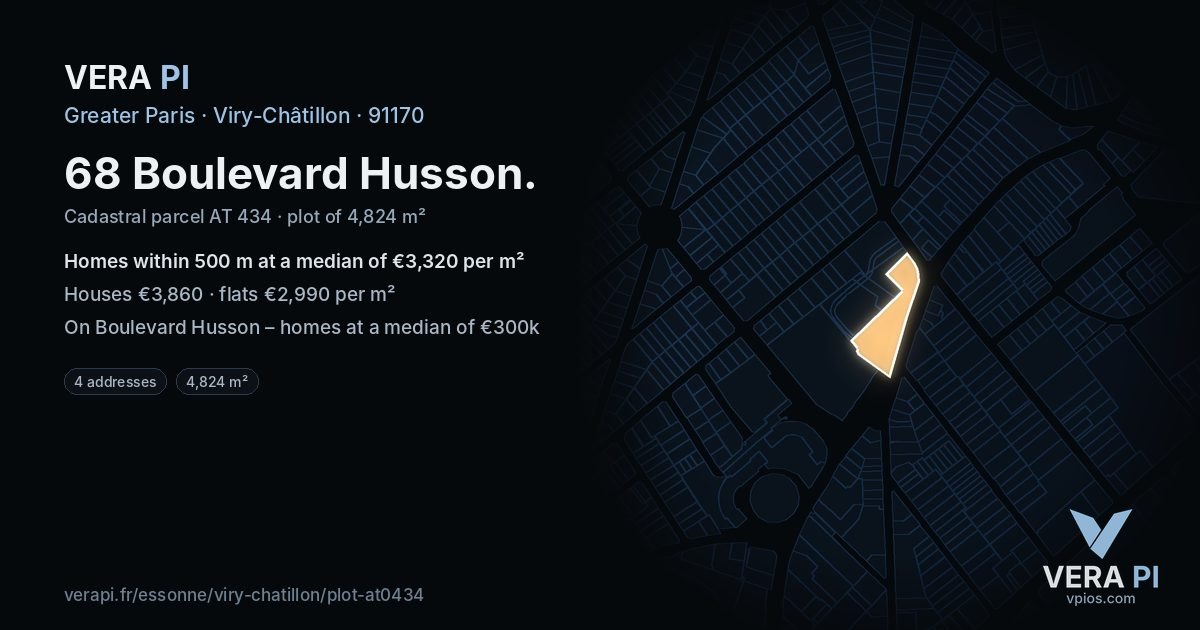 68 Boulevard Husson, Viry-Châtillon at night – the plot lit, the parcels around coloured by the prices near them